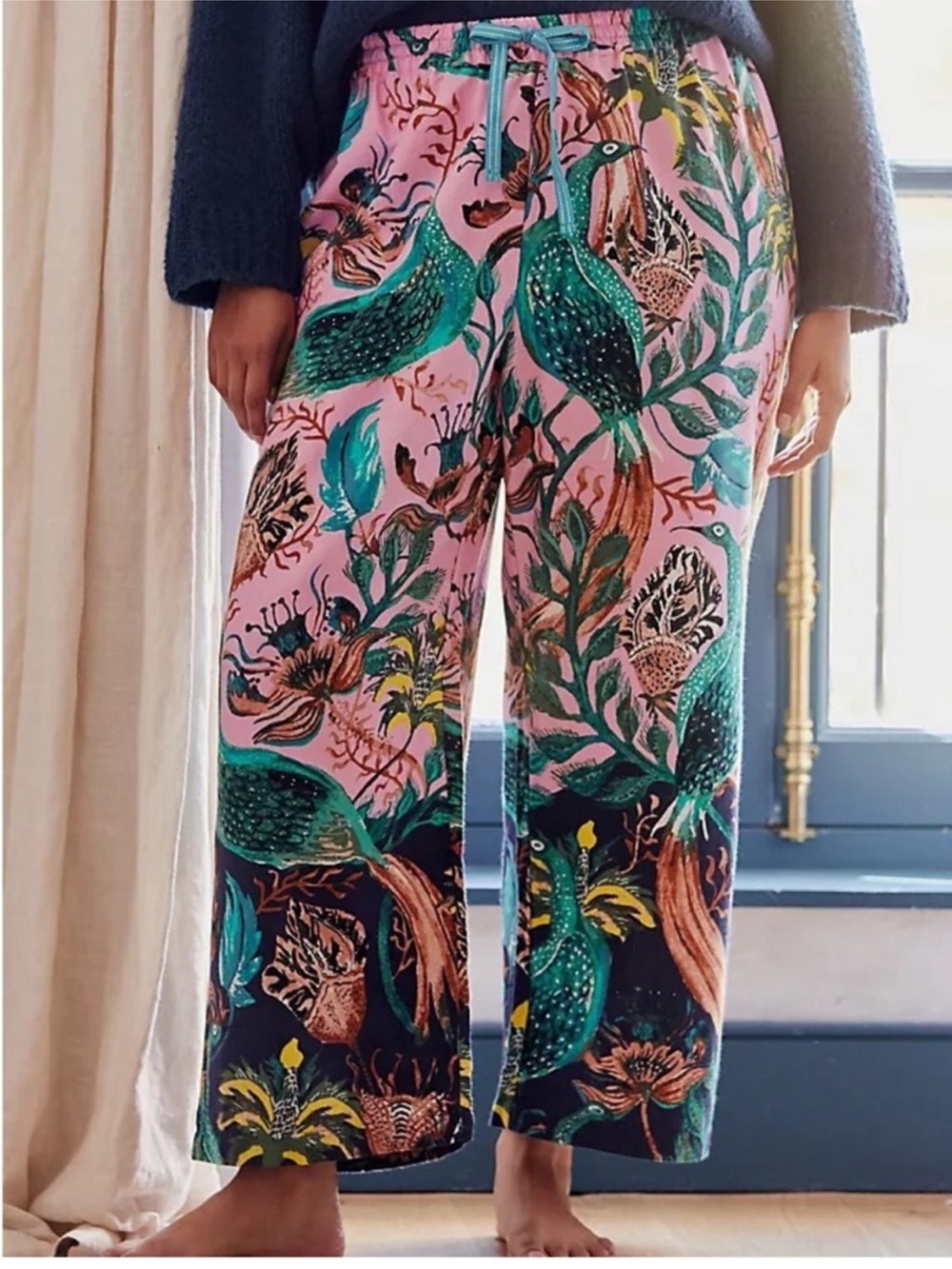 Anthropologie Raphael Balme Peacock Flannel Sleep Pants Pink Tropical Pajamas XL